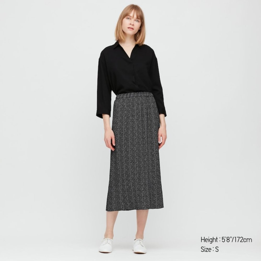 CHIFFON PLEATED PRINTED LONG SKIRT L